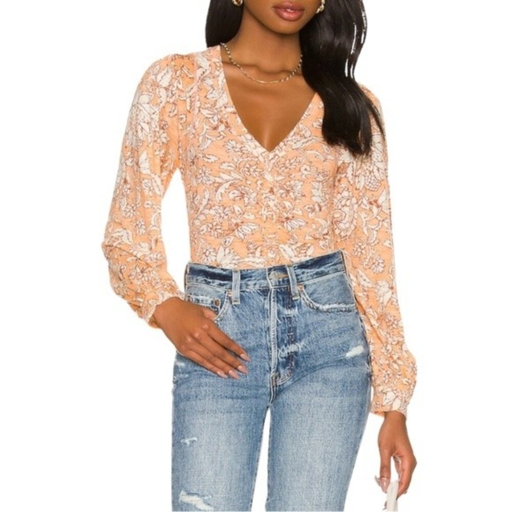 NWT Free People Shirt Say The Word Tee Long Sleeve Floral Ruched Top Size XS NEW